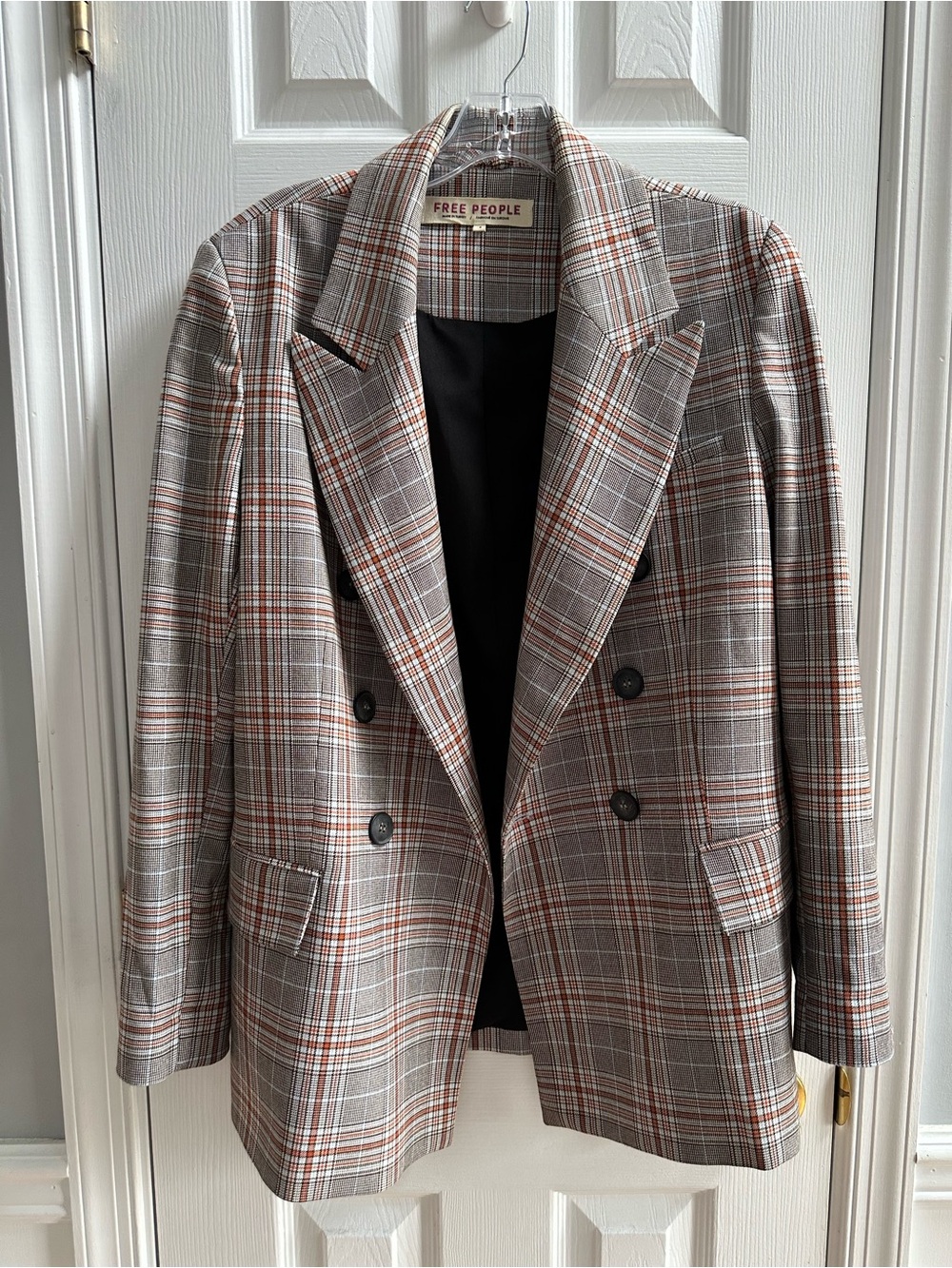 Free People Gray & Brown Plaid Double-Breasted Blazer